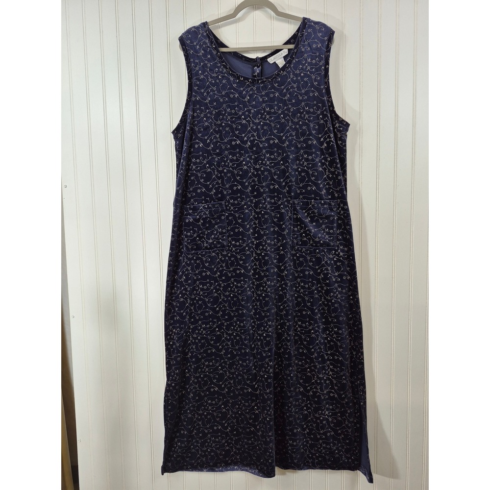 Claudia D Navy Blue Velvet Floral Filigree Sleeveless Maxi Dress Button‎ Back XL
